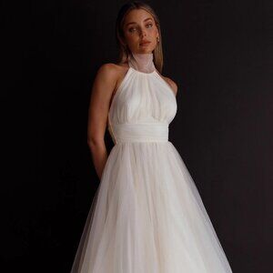 ANDRIA HALTERNECK TULLE MIDI DRESS IVORY